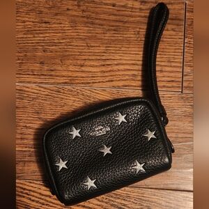 Coach Black Leather Wristlet/Pouch with Silver Star Accents
